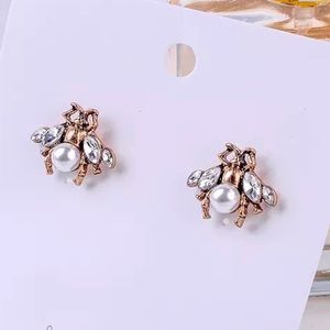 Pearl Rhinestone Gold Bee Stud Earrings